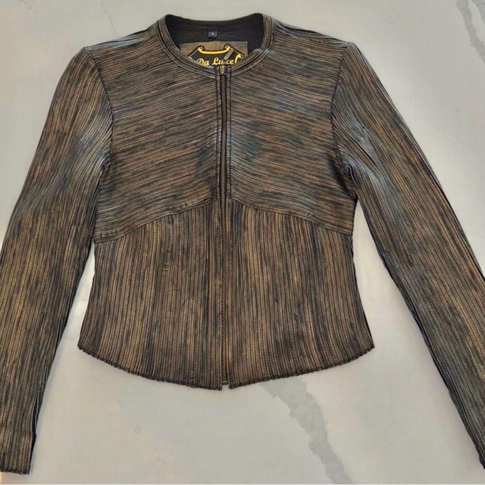 Y2K Cropped Distressed Leather Moto Jacket – Size S